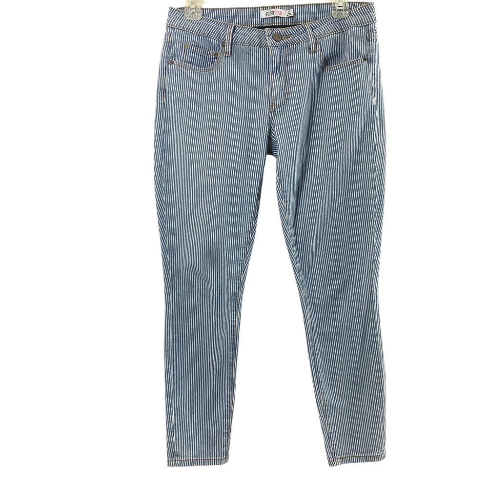 JustFab  Blue White Vertical Striped Skinny Jeans Women Size 28 Railcar Nautical